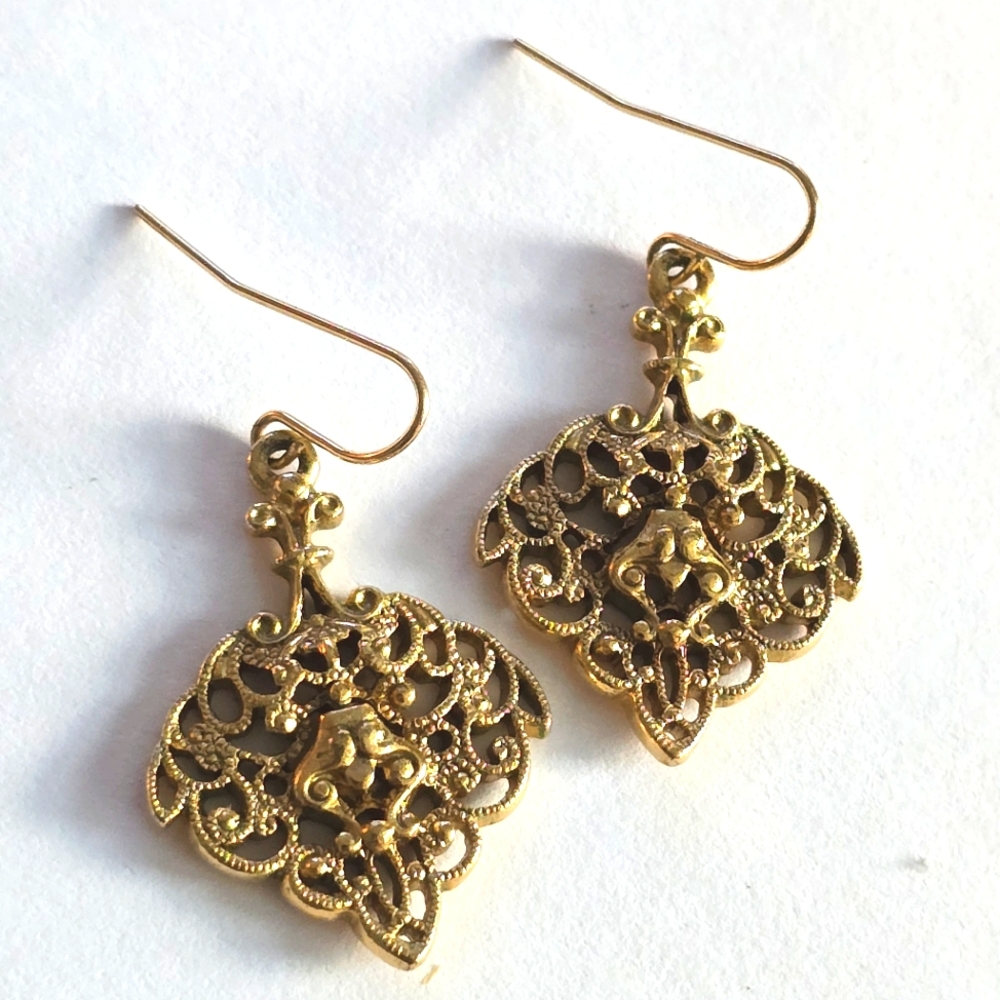 Filigree earrings Gold tone Victorian revival style